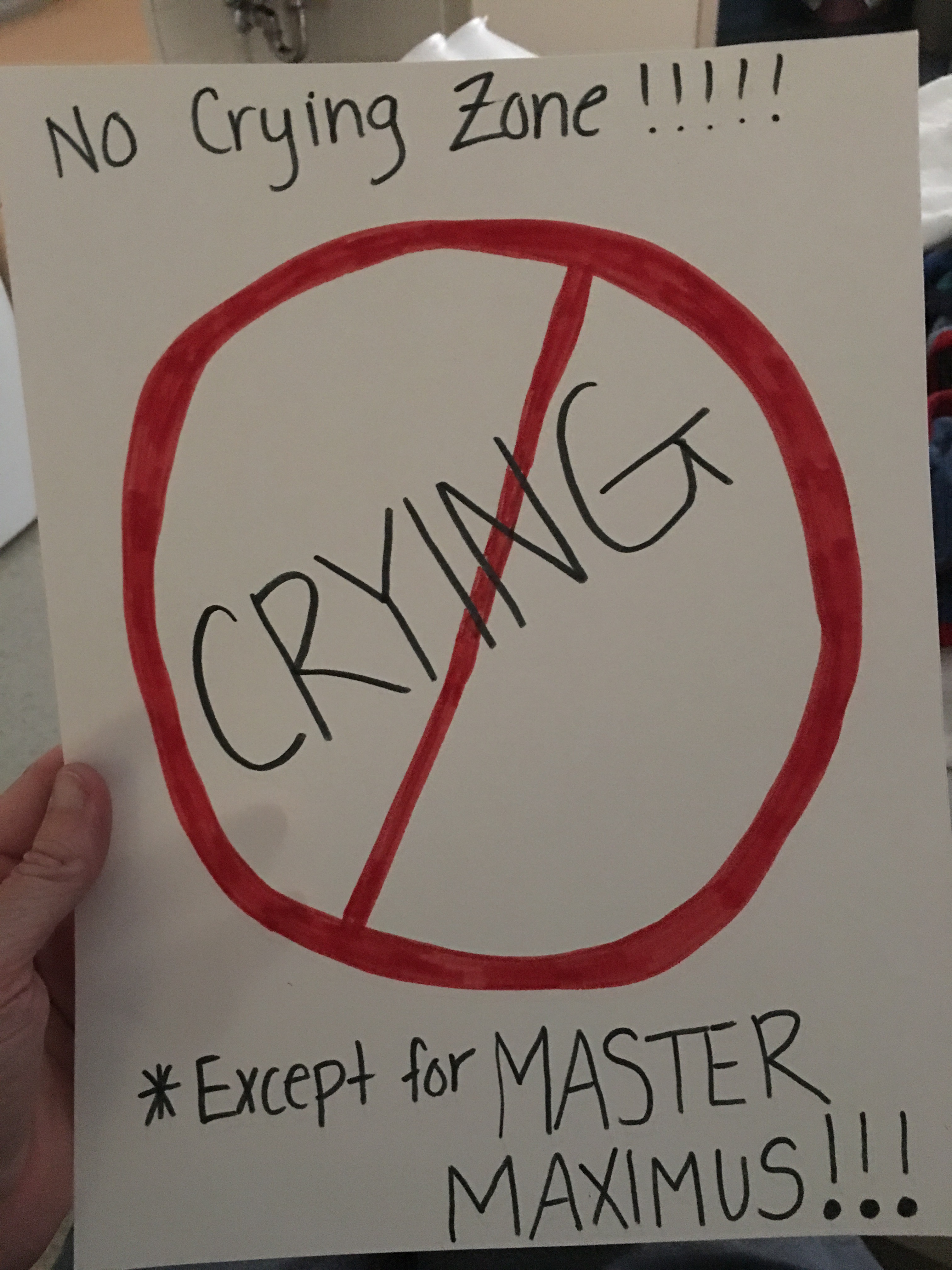 An inspirational poster that says 'No crying zone!!!!! *Except for MASTER MAXIMUS!!!'